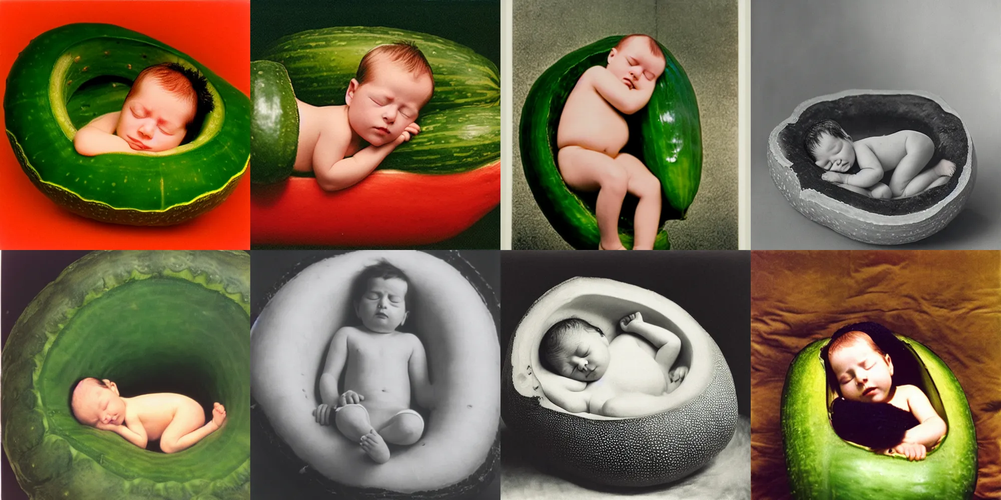 Prompt: a baby sleeping in a giant cucumber, paul outerbridge masterpiece