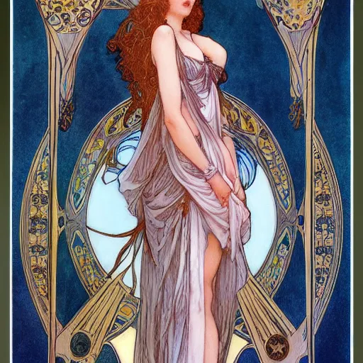 Prompt: beautiful ishtar goddess in long flowy dress, porcelain skin by rebecca guay and mucha, artstation, hq, hires, hd