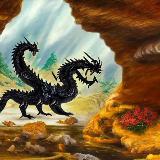 Image similar to highly detailed oil painting of a hotspring in a quartz cave with a black dragon sitting in the middle of it