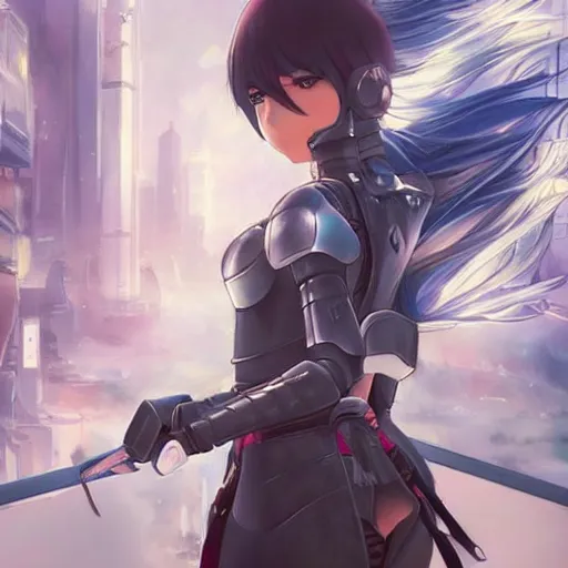 Image similar to A realistic anime painting of a beautiful female knight standing in a futuristic city. digital painting by Sakimichan, Makoto Shinkai, WLOP, Rossdraws, Pixivs and , digital painting. trending on Pixiv. SFW version —H 1080 —W 1920