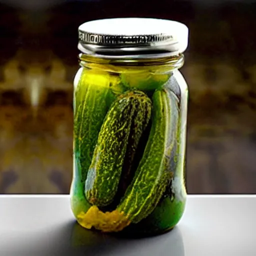 Prompt: scientists try to put a pickle in a jar with extreme caution