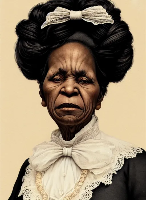 Image similar to a portrait of an old black woman with a crooked nose in victorian clothing, confident pose, intricate, elegant, sharp focus, illustration, highly detailed, concept art, matte, trending on artstation, anime, art by james jean and artgerm and brian despain and alberto mielgo, greg rutkowski, wlop, ilya kuvshinov, strong strokes