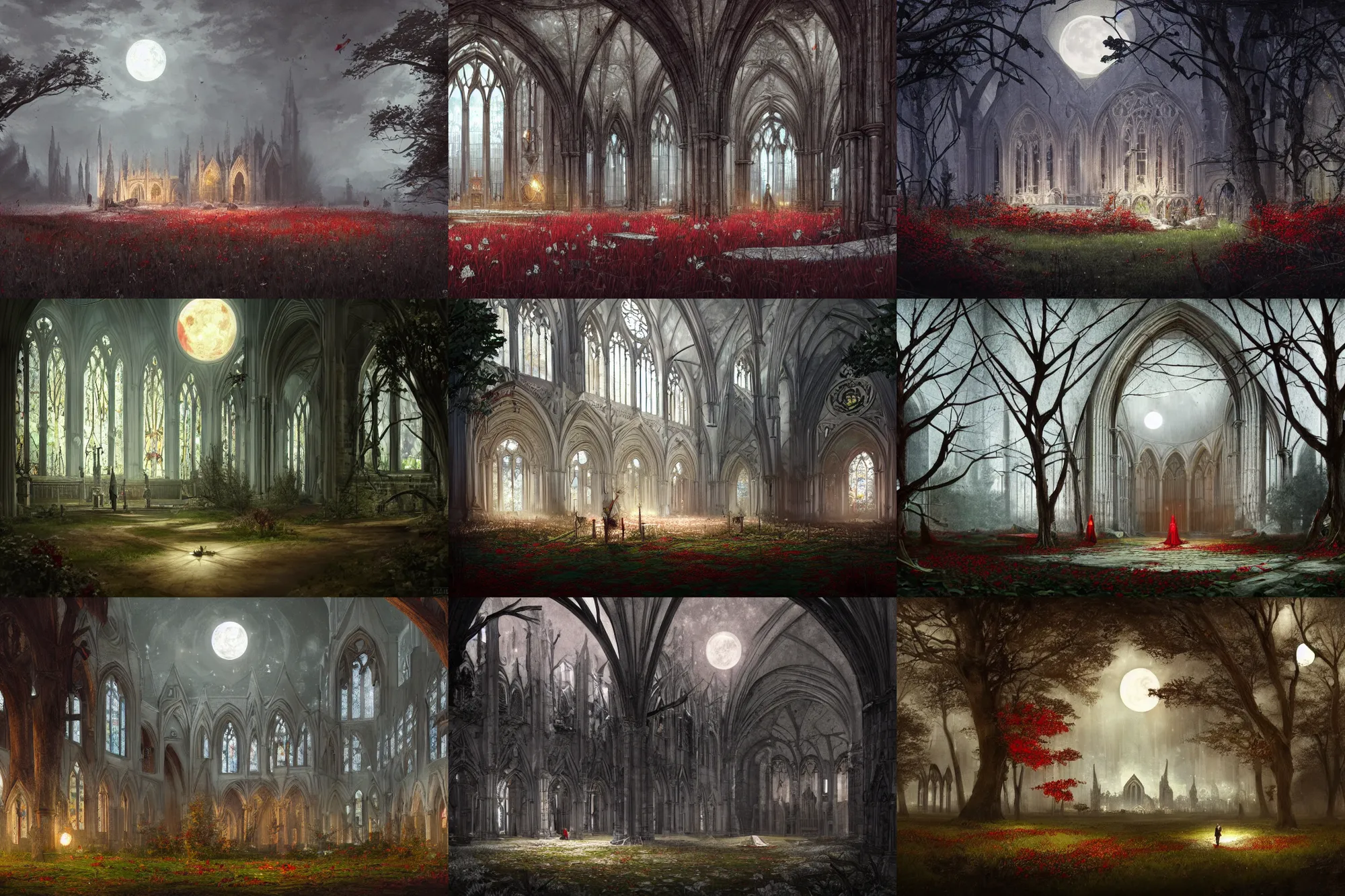 Prompt: interior of the old cathedral, stained glass, gothic style,trees, bushes, dark mood, white flowers, red grass, white Butterflies, damaged floor, night, moon light, camp, greg rutkowski, fantasy, detailed illustration, hd, 4k, digital art, overdetailed art, concept art, trending on artstation