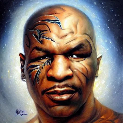 Prompt: mike tyson, ethereal, painting by karol bak