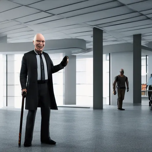 Prompt: Patrick Stewart dressed as an evil wizard, holding walking stick, standing in lobby of office building, style of GTA V, octane render