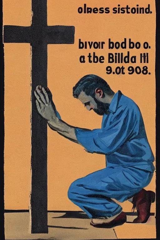 Image similar to man kneeling at the base of a wooden cross, 1960’s advertising art illustration