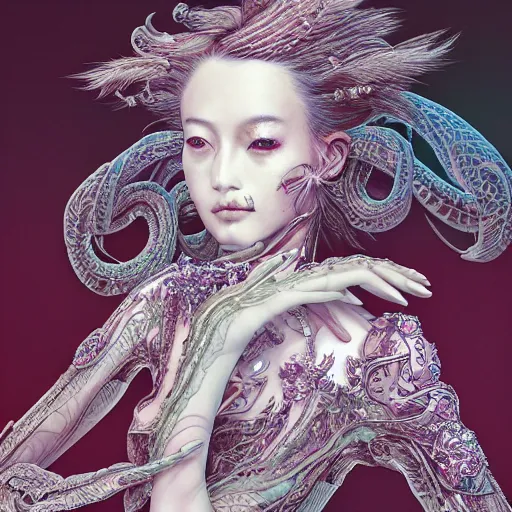 Image similar to the portrait of an absurdly beautiful, graceful, elegant, sophisticated, fashionable cyberpunk gravure idol, an ultrafine hyperdetailed illustration by kim jung gi, irakli nadar, takato yamamoto, intricate linework, bright colors, porcelain skin, unreal engine 5 highly rendered, fashion photography, fractal background, global illumination, radiant light, detailed and intricate environment