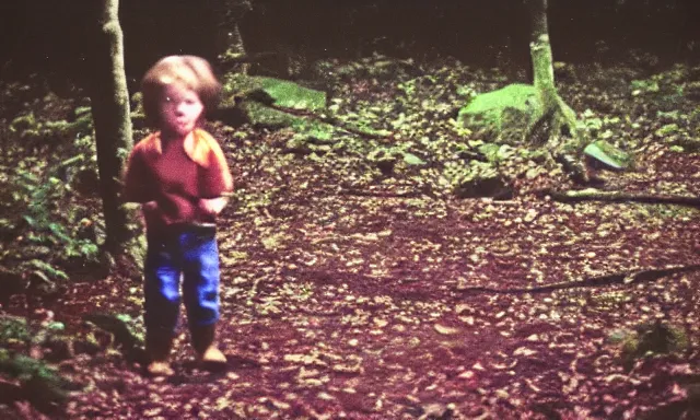 Image similar to kid looking at camera in forest at dusk, colorized 70s photo, out of focus, motion blur, cctv footage, horror movie, horror lighting, blair witch project, old photo, found footage