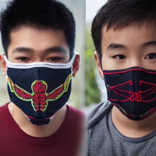 Image similar to 8 k, uhd, asian boy use wear hannibal mask, with casual clothes, highly details