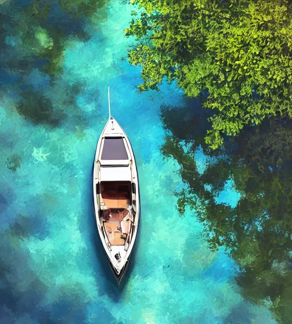 Image similar to an overhead close shot of a boat in a narrow stream, shady, ripples, reflections, trees, stream shore. By Makoto Shinkai, Stanley Artgerm Lau, WLOP, Rossdraws, James Jean, Andrei Riabovitchev, Marc Simonetti, krenz cushart, Sakimichan, trending on ArtStation, digital art.