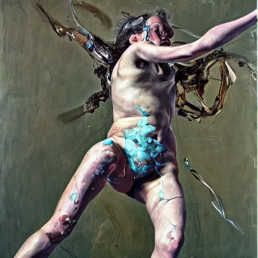 Image similar to high quality high detail painting by lucian freud and jenny saville, hd, jumping, turquoise