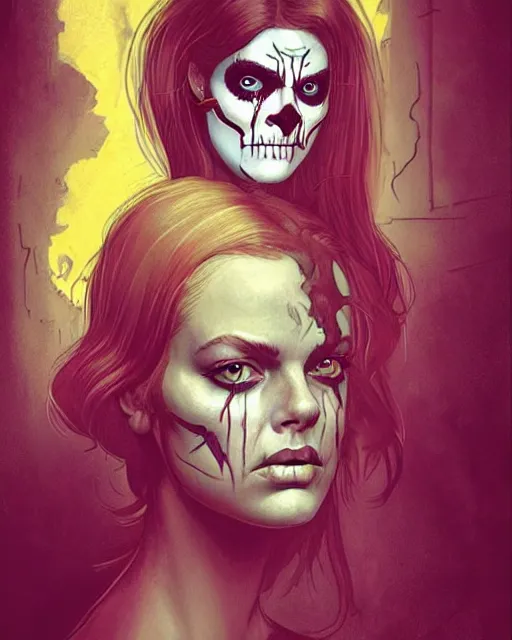 Image similar to in the style of Norman Rockwell and Joshua Middleton and Charlie Bowater, Samara Weaving with skull face paint, symmetrical face, symmetrical body, holding a shotgun, in an alleyway during The Purge, night time dark with neon colors, fires