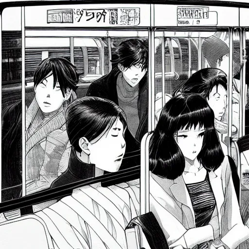 Prompt: people waiting in bus stop, by yukito kishiro
