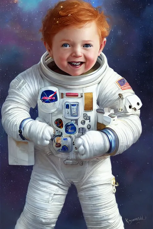 Image similar to a little boy with a cherubic michievous face and ginger hair. he is an astronaut, wearing a space suit. clean elegant painting, beautiful detailed face. by raymond swanland and artgerm and greg rutkowski