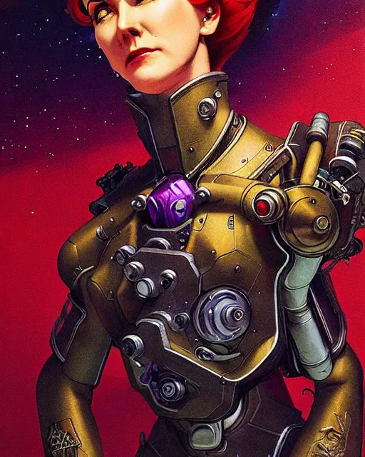 Image similar to moira from overwatch, character portrait, portrait, close up, concept art, intricate details, highly detailed, vintage sci - fi poster, in the style of chris foss, rodger dean, moebius, michael whelan, and gustave dore