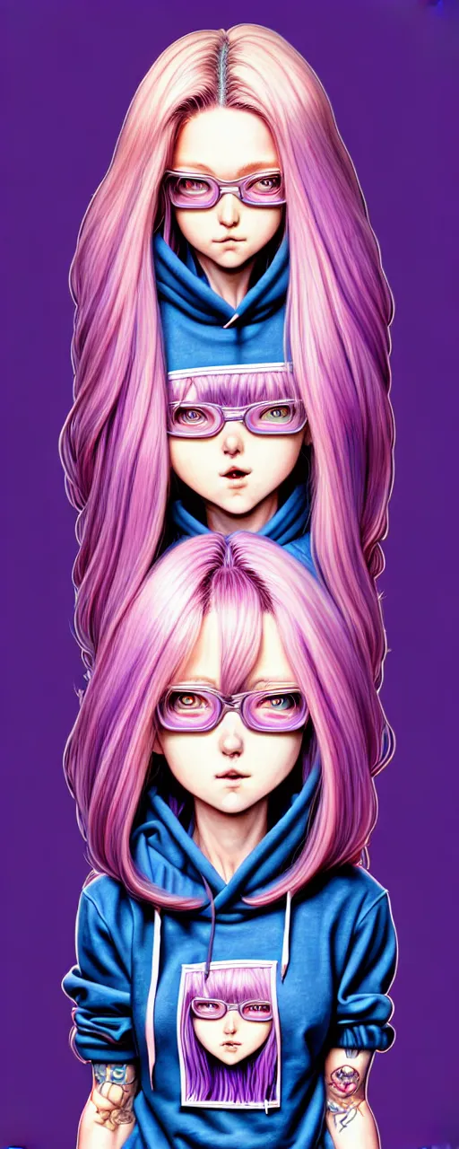 Image similar to richly detailed colored pencil 3D illustration of a singular beautiful female butcher with long purple hair wearing a hoodie and short shorts, she staring at the camera happily. mirrored background with completely rendered reflections, art by Range Murata and Artgerm.