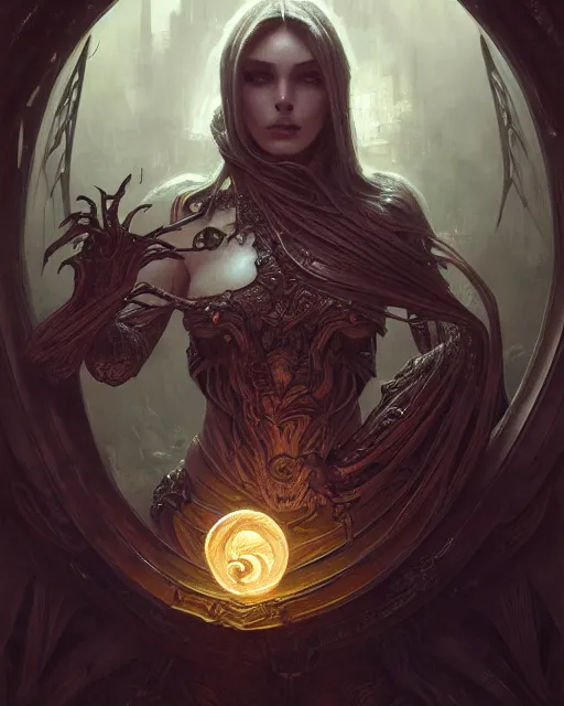 Image similar to art by giger, deep focus, d & d, dark fantasy, intricate glow accents, elegant, highly detailed, digital painting, artstation, concept art, matte, sharp focus, 8 k 3 d, hearthstone, art by artgerm and greg rutkowski and alphonse mucha