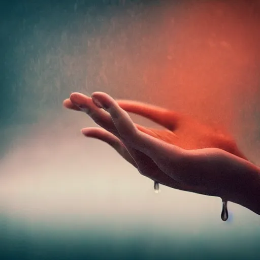 Image similar to a blurry closeup picture of hands around neck, dripping wet, no face, macro photography, long exposure photograph, surrealism, anamorphic bokeh, cozy, soft light, cyan and orange, caustic, atmospheric fog, octane render, cinematic