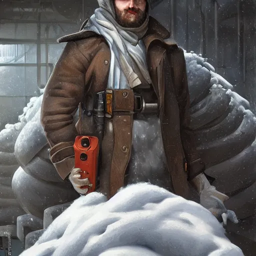 Prompt: beautiful snow - covered plumber posing in factory, half - length portrait, perfect symmetrical eyes, cinematic by peter mohrbacher, detailed, hyperrealism