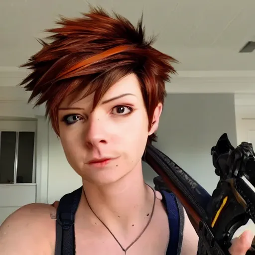 Prompt: tracer from Overwatch as a real person