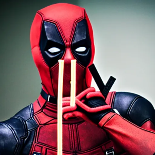 Image similar to Deadpool eating spaghetti, professional photography