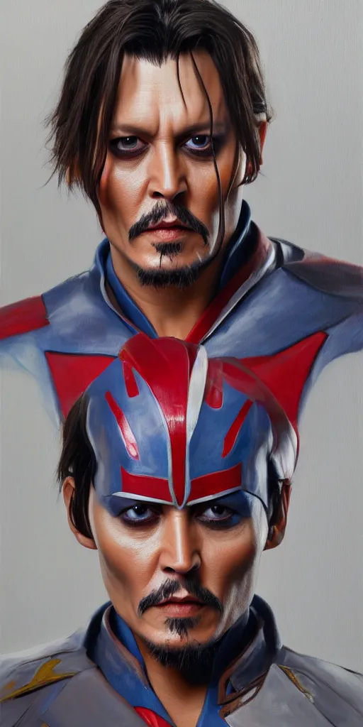 Image similar to realistic Portrait painting of a Johnny Depp as Ultraman Taro, made by Gustave Courbet, physical painting, Sharp focus,digital art, bright colors,fine art, trending on Artstation, unreal engine.