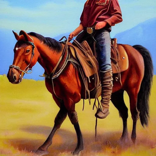 Prompt: a painting of a cowboy on horseback by mark maggiori