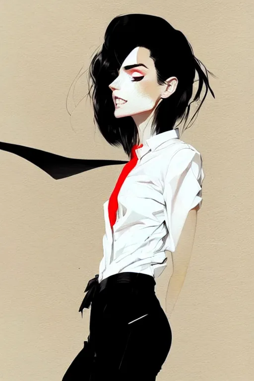 Image similar to a ultradetailed beautiful panting of a stylish woman, she is wearing a white shirt with a tie and black pants, by conrad roset, greg rutkowski and makoto shinkai trending on artstation