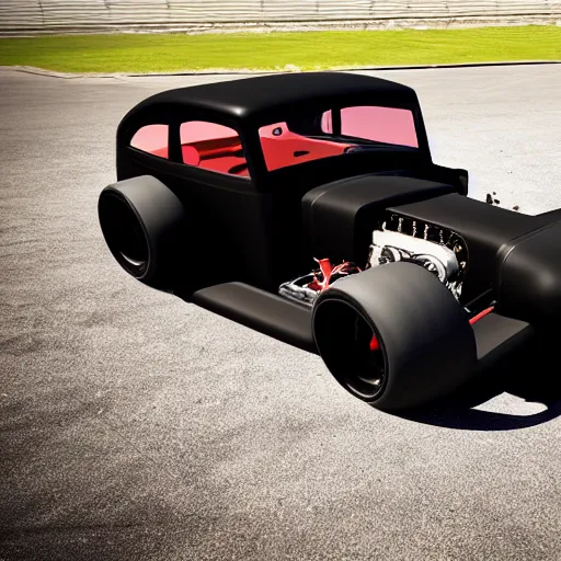 Prompt: matte black chopped and channeled tesla rat rod with a blower protruding out of the hood, 4 k photorealism, 4 k quality