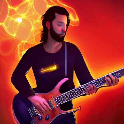 Image similar to a Alanis MOrisette guitarist playing so intensely there is electricity shooting out from his guitar, energy beams under his finger tips, and magic sparkles from the freboard, amazing ditial art, trending on artstation, featured on deviantart