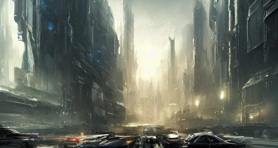 Prompt: hyper realistic sci - fi matte concept art painting of city made from giant stacks of disks, beautiful details, strong composition painted by andree wallin, smooth, intricate, detailed, sharp focus, cinematic