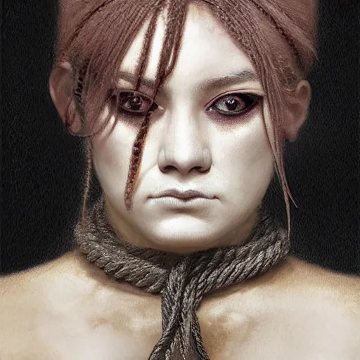 Image similar to portrait of a Shibari rope wrapped face and neck, headshot, insanely nice professional hair style, dramatic hair color, digital painting, of a old 18th century, tourist, wrap around eye patch, amber jewels, baroque, ornate clothing, scifi, realistic, hyper detailed, child, chiaroscuro, concept art, art by Franz Hals and Jon Foster and Ayami Kojima and Amano and Karol Bak,