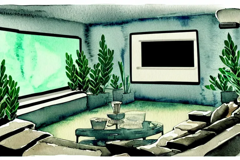 Image similar to very wide angle view, a modern home movie theater with big screen!!, stylish wall sconces lights, detailed art deco decoration!!, plants, popcorn machine, rough watercolor painting, trending on artstation