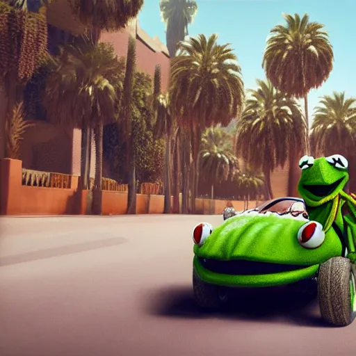 Image similar to illustration of kermit the frog driving in marrakech, morocco, palm trees, 8 k, octane render, hyperdetailed, illustration, oil painting