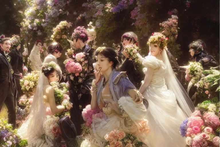 Image similar to the groom look at the bride at a wedding full of flowers, bright and happy, dreamlike art, highly detail, 4 k realistic, wedding photoy krenz cushart, artem demura, yoji shinkawa artgerm, jon lothian, danilo torres. adi meyers. thomas reimann. gaston bussiere.