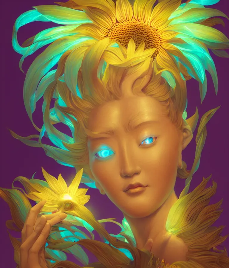 Prompt: iridescent portrait of the sunflower goddess, a Chinese deity that is guided by the sun and brings happiness and light onto the world. hard surface modelling. bio luminescent, halo around the head. neon lighting. artwork by jarold Sng by artgerm, by Eddie Mendoza, by Peter Mohrbacher by Tooth Wu, unreal engine, octane render, cinematic light, high details, iridescent colours, dichroic, macro, 4l