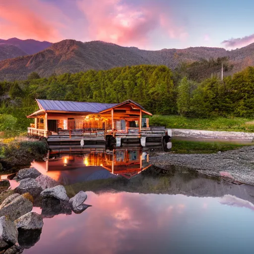 Prompt: DSLR still of a beautiful mountainside river with a pier and a modern home at sunrise, 4k