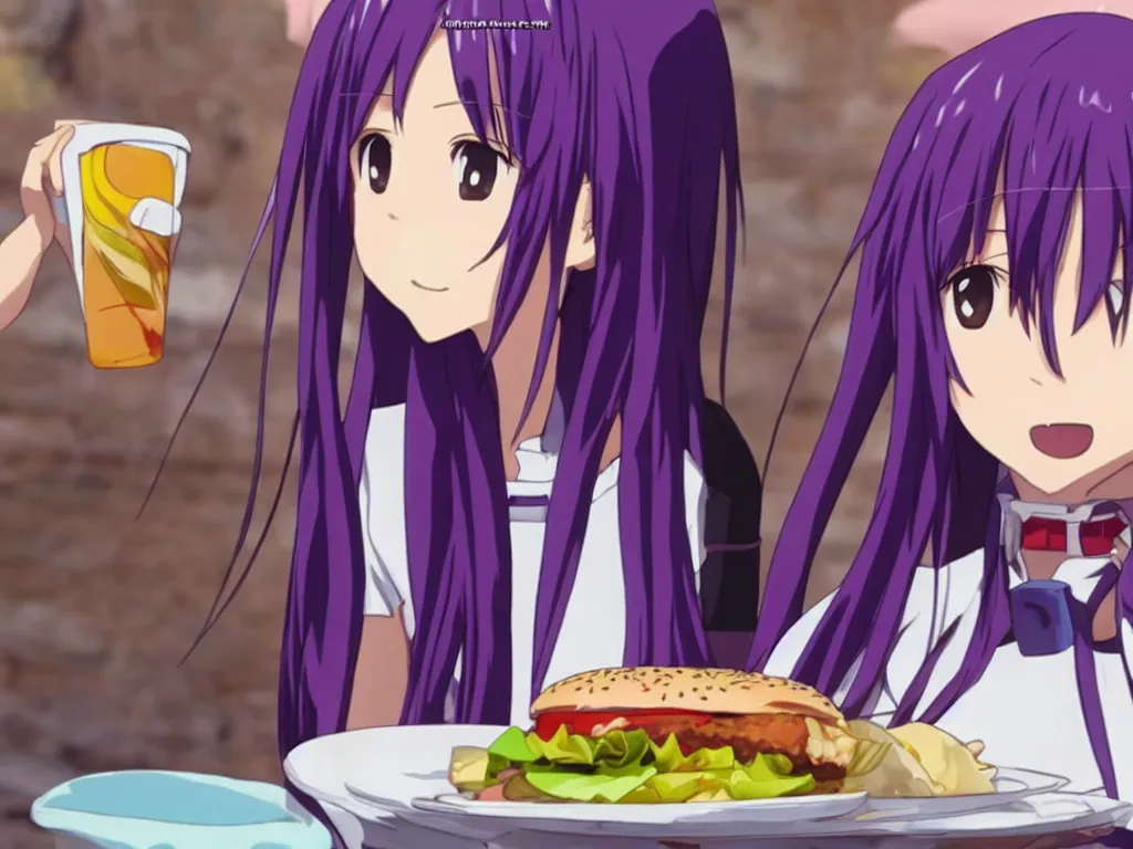 Image similar to yuuki konno from sword art online eating a big burger and being happy, purple hair, High Definition detail, 8K, anime