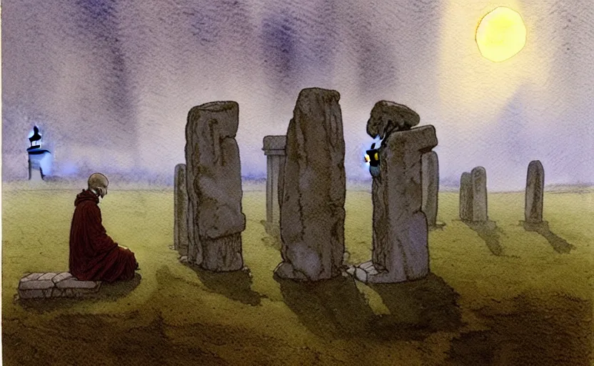 Image similar to a hyperrealist watercolour character concept art portrait of one small grey medieval monk kneeling in prayer as stonehenge rocks float in the air above him. it is a misty night. by rebecca guay, michael kaluta, charles vess and jean moebius giraud