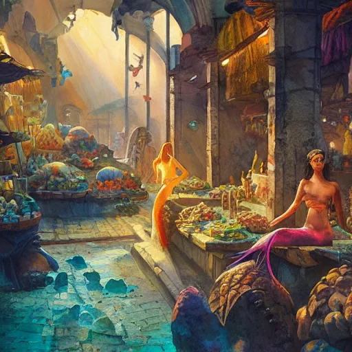 Image similar to a beautiful and vivid and colorful and chiaroscuro Grzegorz greg rutkowski watercolor painting of an ancient greek market with a yellow mermaid and fish and treasure and a bioluminescent coral garden underwater trending on artstation hq