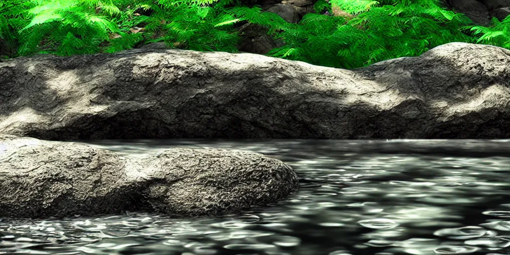 Image similar to A small dragon sitting on a glistening creek rock, flowing clear water creek bed, photorealistic 3D artwork.