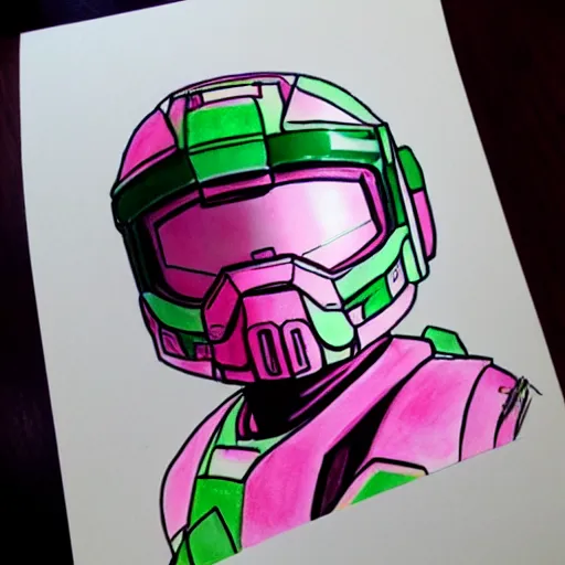 Image similar to master chief drawn with markers, pink background