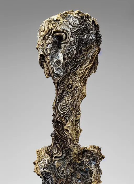 Image similar to marble sculpture of natalie portman, oil slick, palladium veins, dripping, mandelbulb, hypercube, ferrofluid, ivory carving, fractal paisley inlay, lace, intricate, elegant, highly detailed, gold inlay, metallic, ivory, artgerm, lace, by ruan jia, greg rutkowski, mucha, zbrush, nick alm