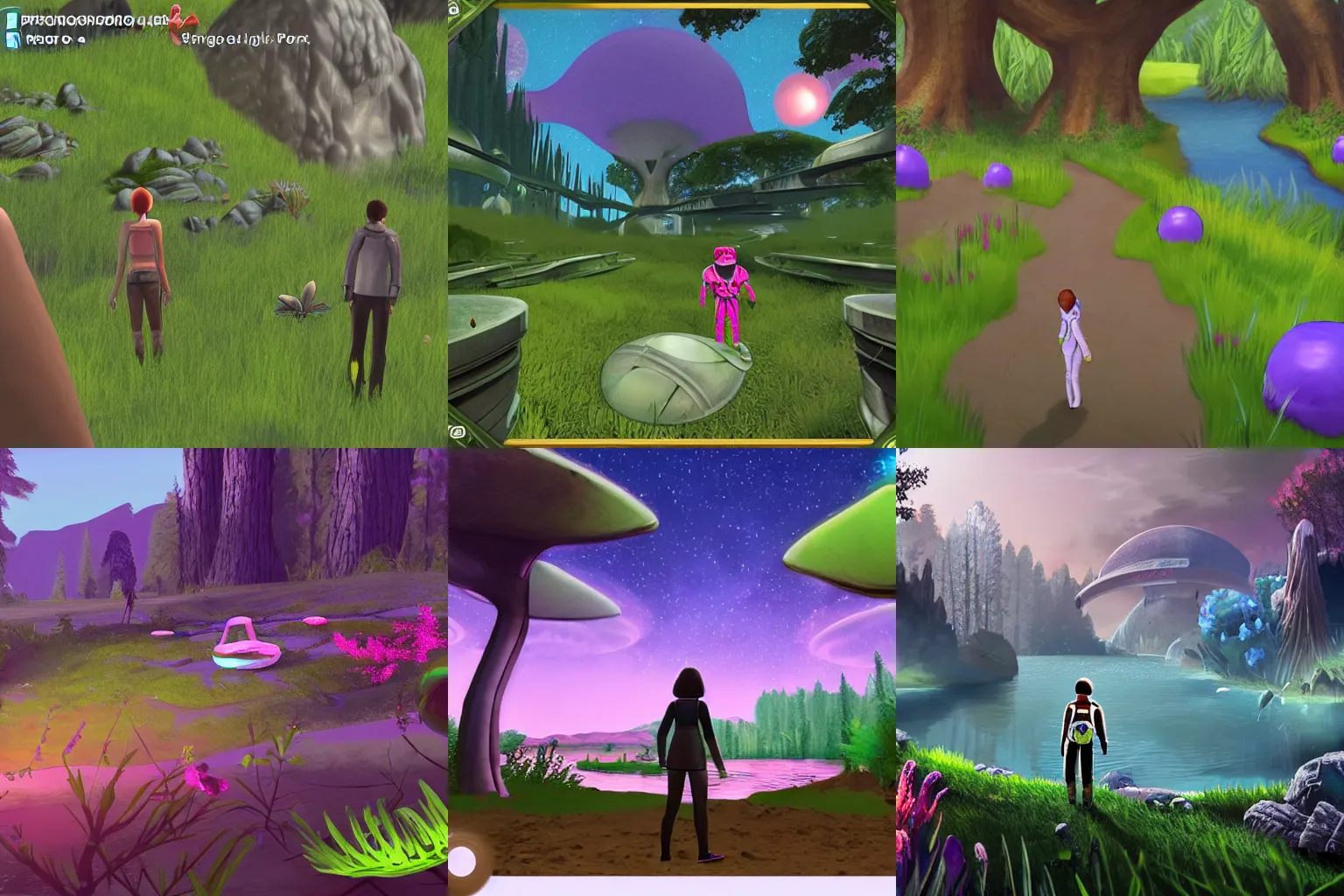 Prompt: third person view, in a park and next to a lake, in a small town on an alien planet, with strange alien plants and flowers, from a space themed Serria point and click 2D graphic adventure game, made in 2019, high quality graphics