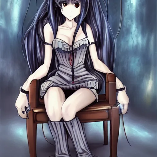 Image similar to beautiful anime girl with long hair, fight against the chair inspired by h. r. giger in extremely dangerous fight, anime style