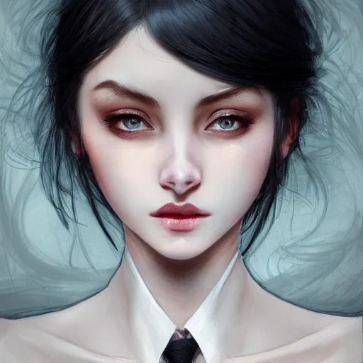 Image similar to of english teenage girl with black hair, china blue eyes, pale glowing skin, beautiful sinister features, no makeup, elegant fashion model, fantasy, intricate, elegant, dress shirt and tie, highly detailed, digital painting, artstation, concept art, smooth, sharp focus, illustration, art by Krenz Cushart and Artem Demura and alphonse mucha