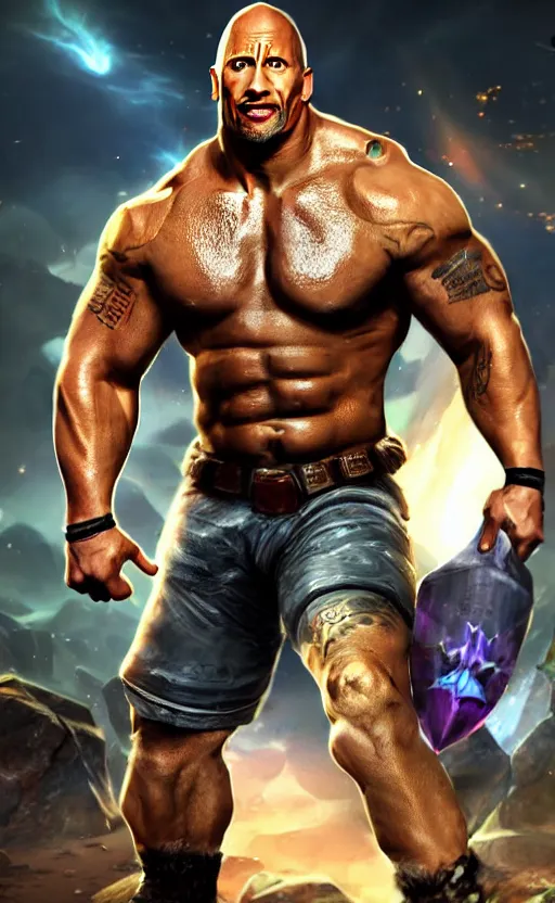 Image similar to Dwayne Johnson as a character in the game League of Legends, with a background based on the game League of Legends, detailed face, old 3d graphics