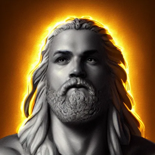 Image similar to portrait of Zeus, backlighting, golden hour, contrast, detailed, focus, digital painting, concept art, illustration, 4k, artstation, art Steven Stahlberg and Goya