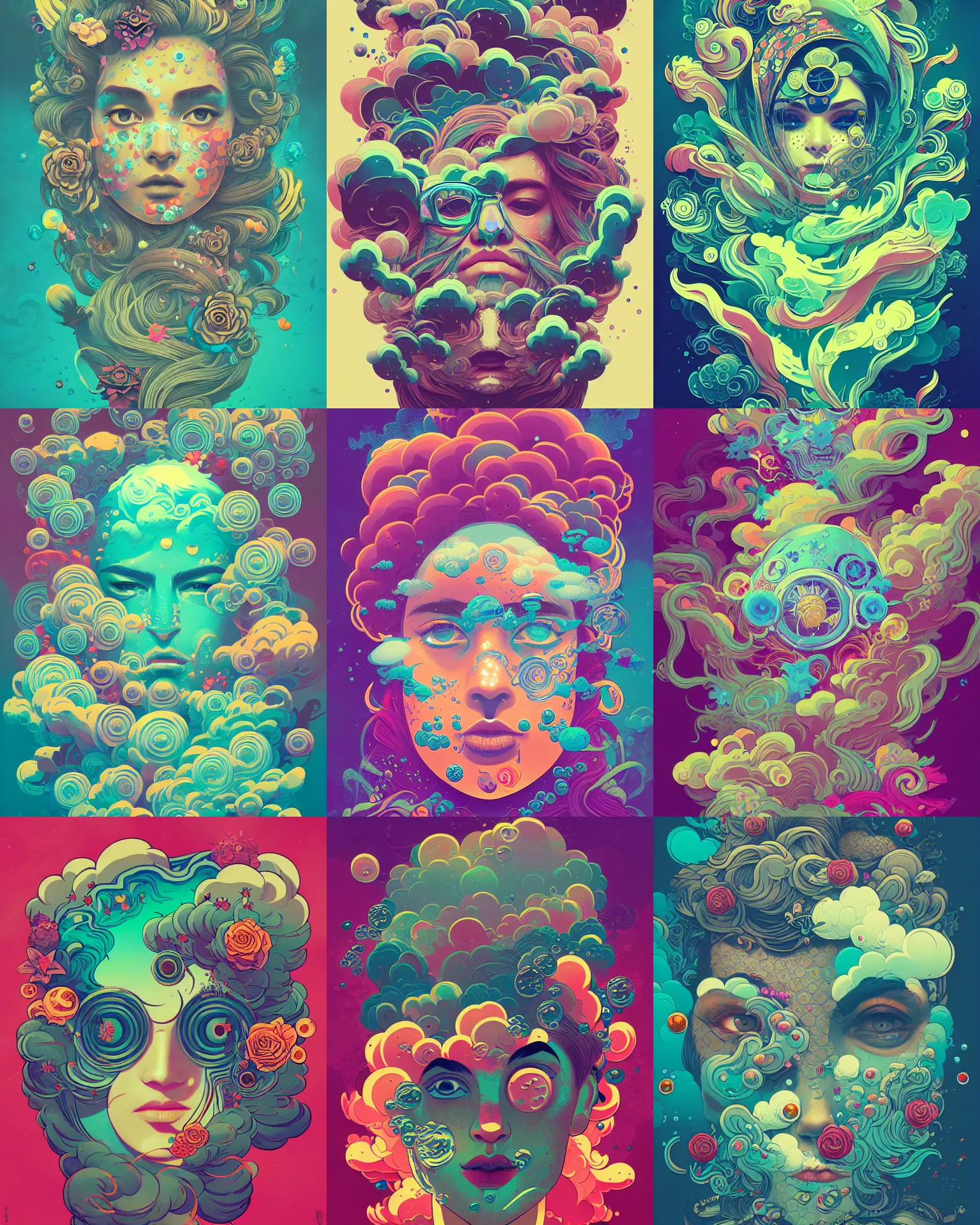 Prompt: flowery face tattoos, by petros afshar, ross tran, peter mohrbacher, tom whalen, underwater bubbly psychedelic clouds