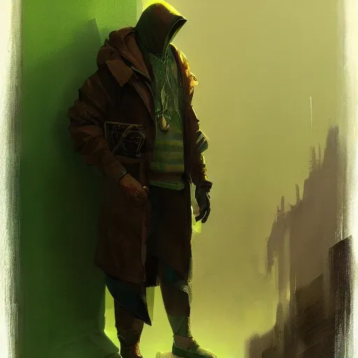 Image similar to portrait of a chad programmer with green hood by greg rutkowski